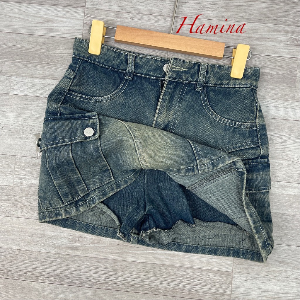 Chân Váy Jeans Dáng Ngắn Hamina, Váy Jean Túi Sườn Cúc