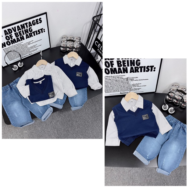 Set sơ mi kẻ quần jean kèm áo gile cho bé trai