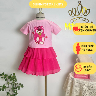 Sét áo thun chân váy hoạt tiết gấu dâu siêu xịn cho bé gái cực dễ thương, Combo áo và chân váy bé gái size 13 -40kg