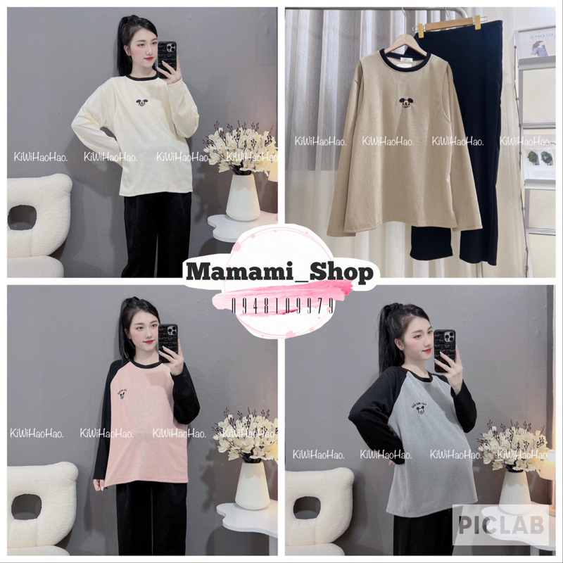 Bộ Đồ Bầu Thu Đông Dài Tay Tăm Thêu Mickey
