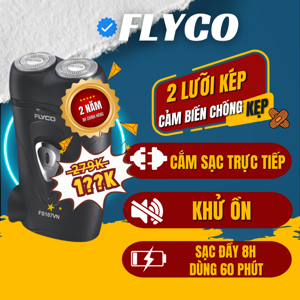 Máy Cạo Râu 2 Lưỡi Kép Flyco FS187VN Cắm Sạc Trực Tiếp Nắp Máy Tháo Rời Dễ Vệ Sinh - Hàng Chính Hãng