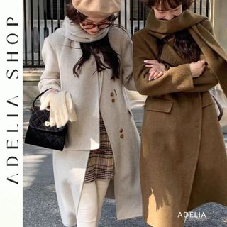 「adelia」áo khoác dạ ép lông cừu dáng dài kèm khăn mẫu mới nhất 2023 hàng quảng châu td278