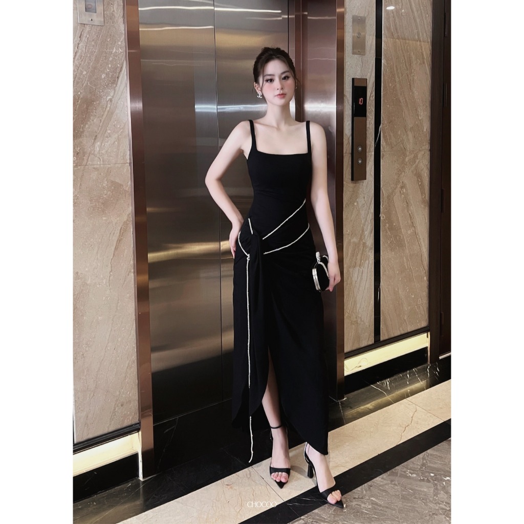 Đầm hai dây dáng dài thiết kế CHOCOO GOSCELINE LONG DRESS - BLACK & PINK chất liệu thun cotton co giãn xẻ tà hack dáng