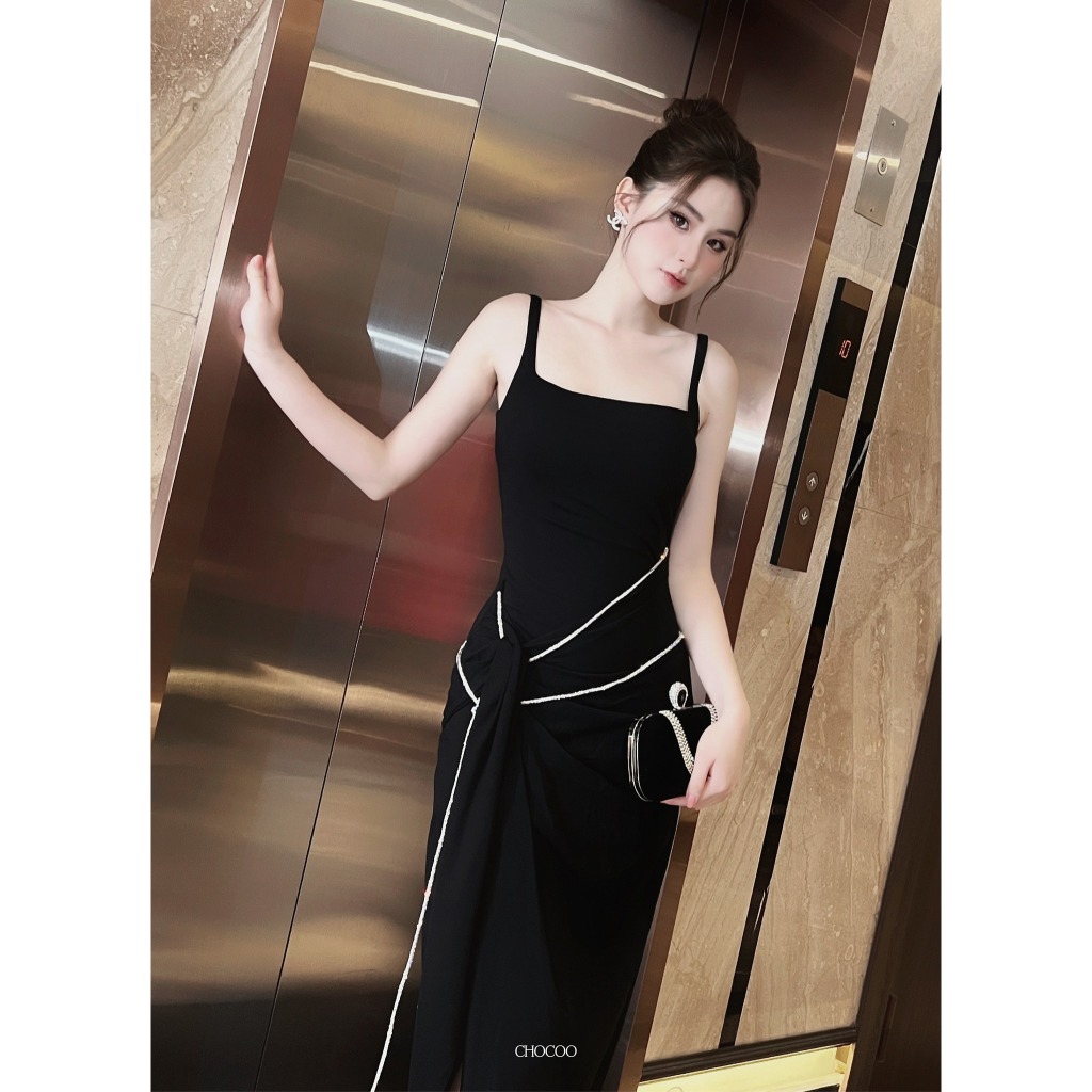 Đầm hai dây dáng dài thiết kế CHOCOO GOSCELINE LONG DRESS - BLACK & PINK chất liệu thun cotton co giãn xẻ tà hack dáng