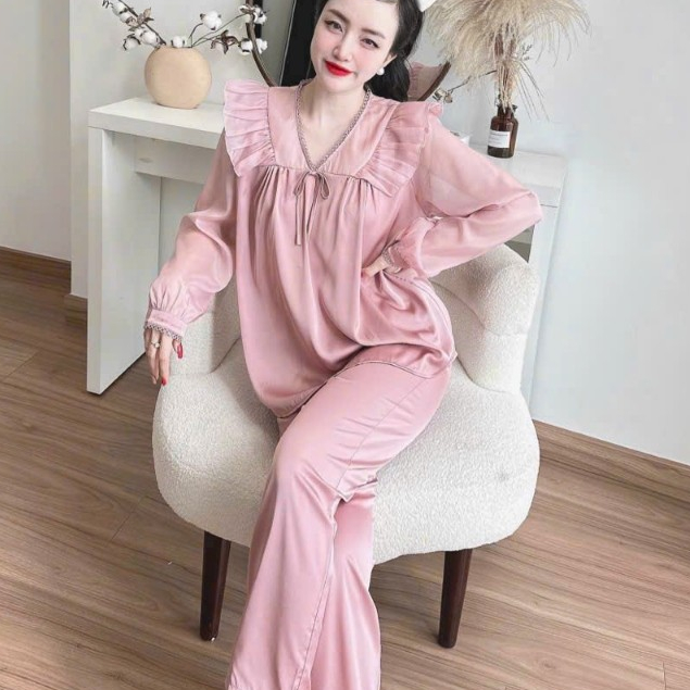 Pijama quần dài tay dài, Đồ bộ pizama nữ, bộ đồ pyzama ngủ nữ vải Latin tơ tằm freesize 54kg - cn162