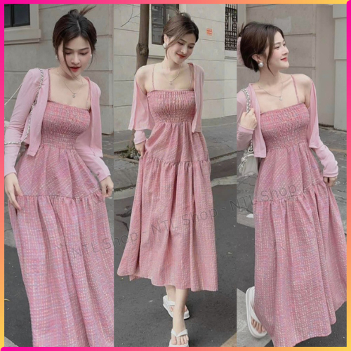 Set váy 2 dây caro hồng khoác ngoài dành cho nàng bánh bèo, tiểu thư, set đầm váy maxi 2 dây đi biển đẹp