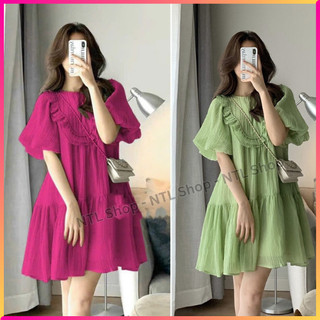 Đầm babydoll tay phồng phối bèo đuôi cá đũi tơ hai lớp siêu xinh, Váy babydoll tay phồng phối bèo đuôi cá đầm 2 lớp L36