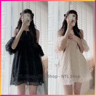 Đầm babydoll kim tuyến hở vai lông vũ  cổ yếm, Váy yếm lông tơ, Váy yếm trễ vai tơ lông đính nơ 2 lớp kim tuyến L6