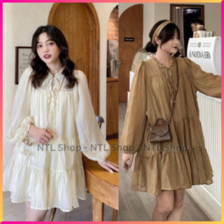 Đầm babydoll tay dài nơ cổ dễ thương, đầm xòe bồng cổ tròn tiểu thư, Đầm babydoll cổ bèo tay dài Ulzzang đũi tơ L4