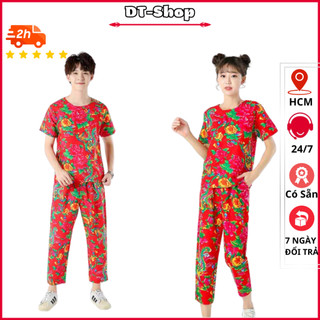 Bộ nam nữ Tay Ngắn Cổ Tròn Phối Quần Ống Rộng In Hoa LÁ Con Côg Trải Bàn sét ngắn dài Mặc Nhà Đi Chơi Chúc Tết
