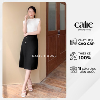 Chân Váy dáng dài nữ dáng A xếp ly lệch đính cúc gỗ thanh lịch  thời trang công sở Calie House CV7