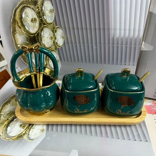 Hũ đựng gia vị xanh kẻ viền vàng kèm thìa - home decor size to | bộ gia vị 3 sứ khung inox - khay sứ kèm thìa