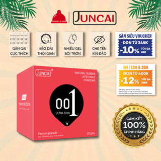 Bao cao su Juncai siêu mỏng 001 nhiều gel bôi trơn, kéo dài thời gian, gân gai liti - Hộp 10 bcs