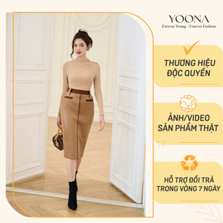Chân váy bút chì chất liệu kim tuyến phối da nâu YOONA - YD8B591