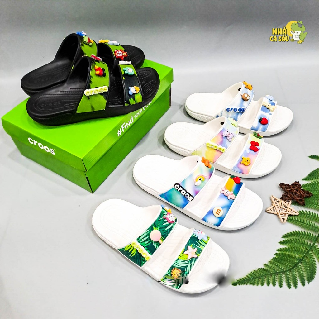(Bảng màu 1) Dép cross hai quai ngang hoạ tiết classic tặng 2 jibbitz, dép quai ngang cross nam nữ - Nhà Cá Sấu