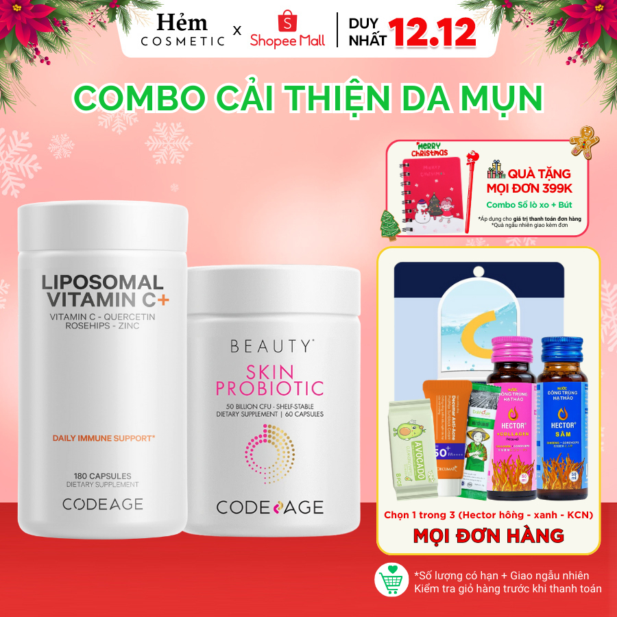 Combo cải thiện tình trạng m.u.n CodeAge Liposomal Vitamin C 180 viên + Skin Probiotic 60 viên