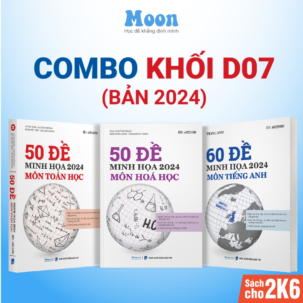 Combo 3 sách Bộ đề minh họa khối D07 ôn luyện thi THPTQG 2024 Môn Toán, Hóa, Anh Moonbook | Sách ID