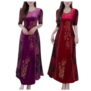 Đầm dạ hội trung niên đi tiệc thun nhũ kim sa phối nhung đồng màu hoa ép đá pha lê bigsize 75kg, Đầm dạ hội nhung phối