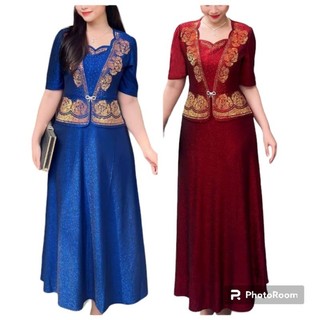 Đầm dạ hội trung niên đi tiệc vải nhũ kim sa kiểu áo giả vest che bụng hoa hồng kết đá,  Đầm dạ hội nhũ hoa hồng kết đá