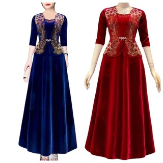 Đầm dạ hội nhung trung niên đi tiệc dáng vest che bụng bigsize 75kg hoa kết đá pha lê, Đầm dạ hội nhung ép đá giấu bụng