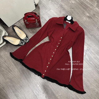 Đầm tăm cổ sơ mi phối viền