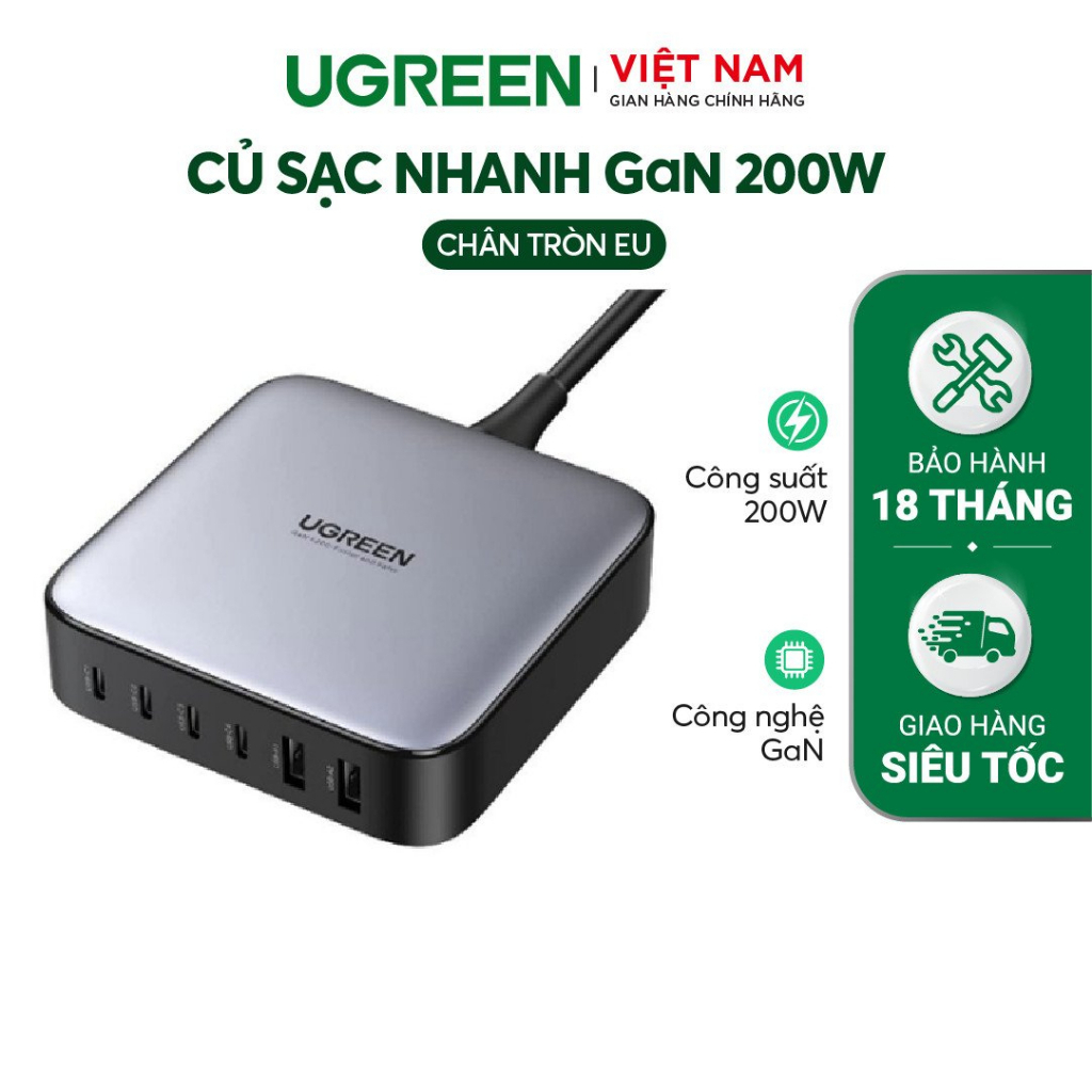 Củ sạc nhanh Nexode 200W 100W GaN II 6 cổng, USB Type-C x4, USB Type-A x2 Ugreen 40914 cao cấp