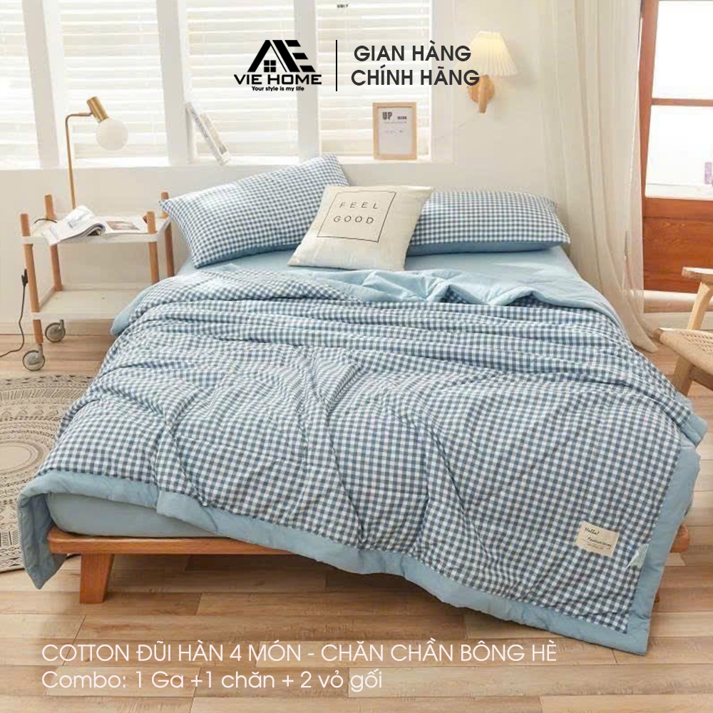 Bộ chăn ga gối Cotton đũi cao cấp màu caro Vintage VIE HOME nhiều size ra trải giường M4 M6 M8