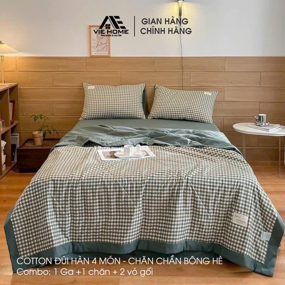 Bộ chăn ga gối Cotton đũi cao cấp màu caro Vintage VIE HOME nhiều size ra trải giường M4 M6 M8