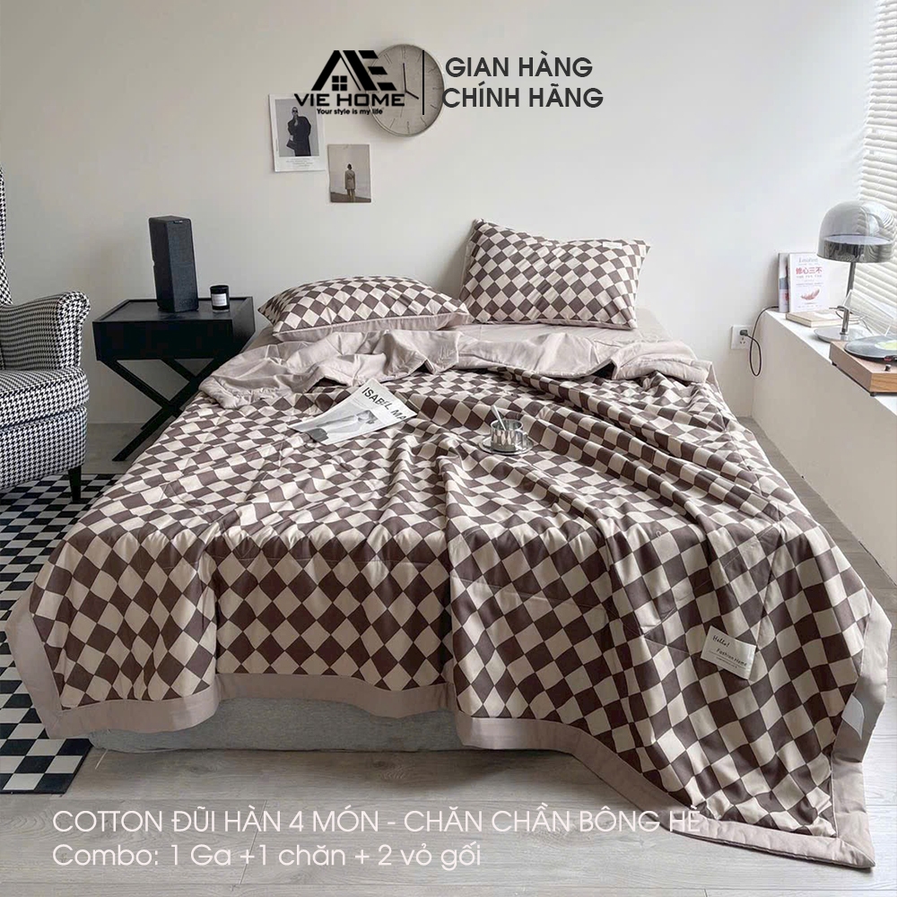 Bộ chăn ga gối Cotton đũi cao cấp màu caro Vintage VIE HOME nhiều size ra trải giường M4 M6 M8