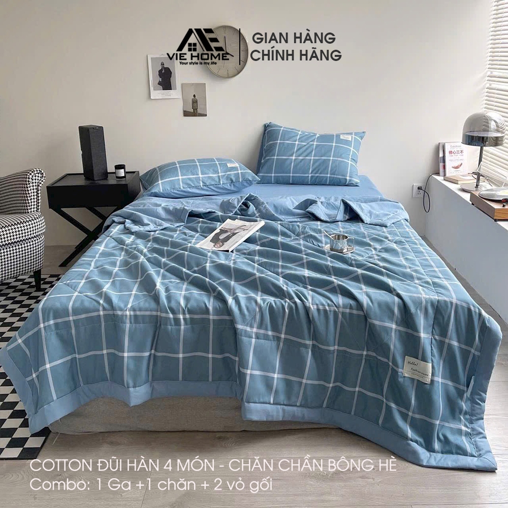 Bộ chăn ga gối Cotton đũi cao cấp màu caro Vintage VIE HOME nhiều size ra trải giường M4 M6 M8