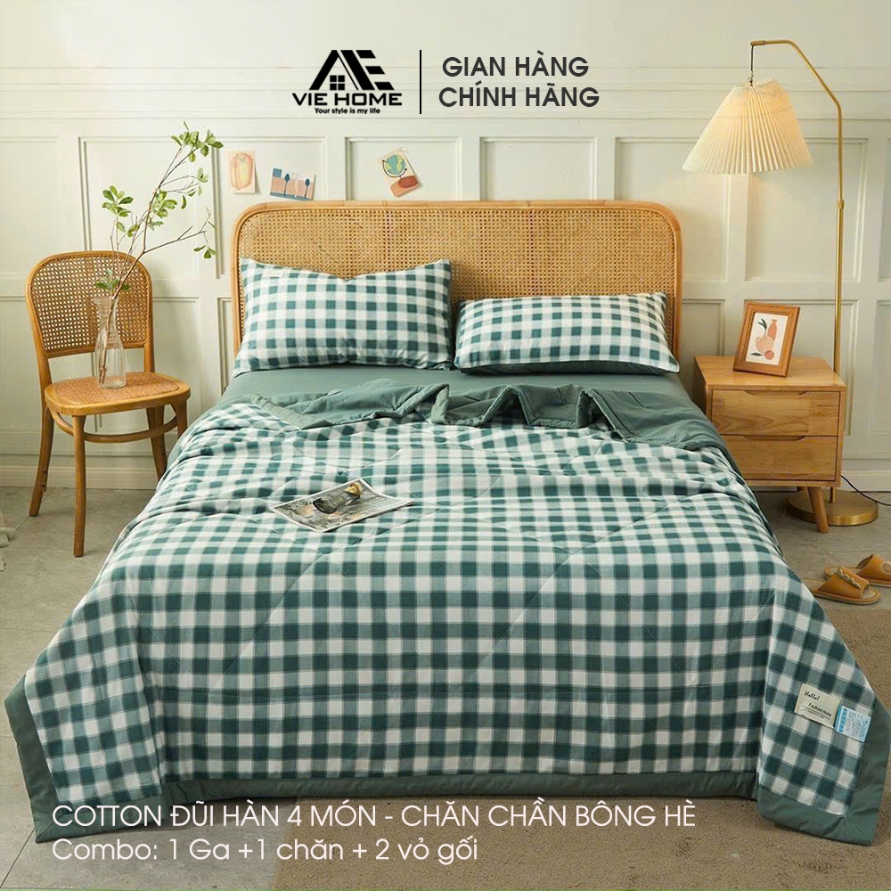 Bộ chăn ga gối Cotton đũi cao cấp màu caro Vintage VIE HOME nhiều size ra trải giường M4 M6 M8