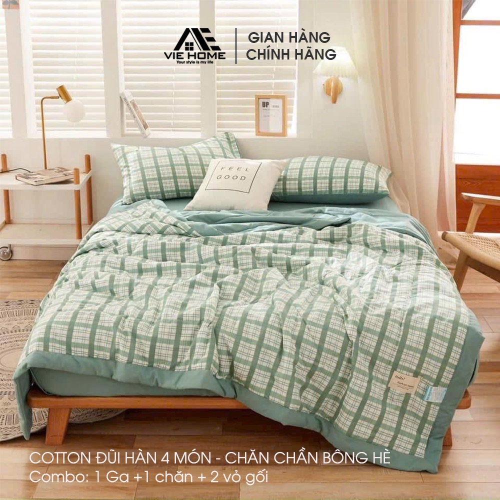 Bộ chăn ga gối Cotton đũi cao cấp màu caro Vintage VIE HOME nhiều size ra trải giường M4 M6 M8