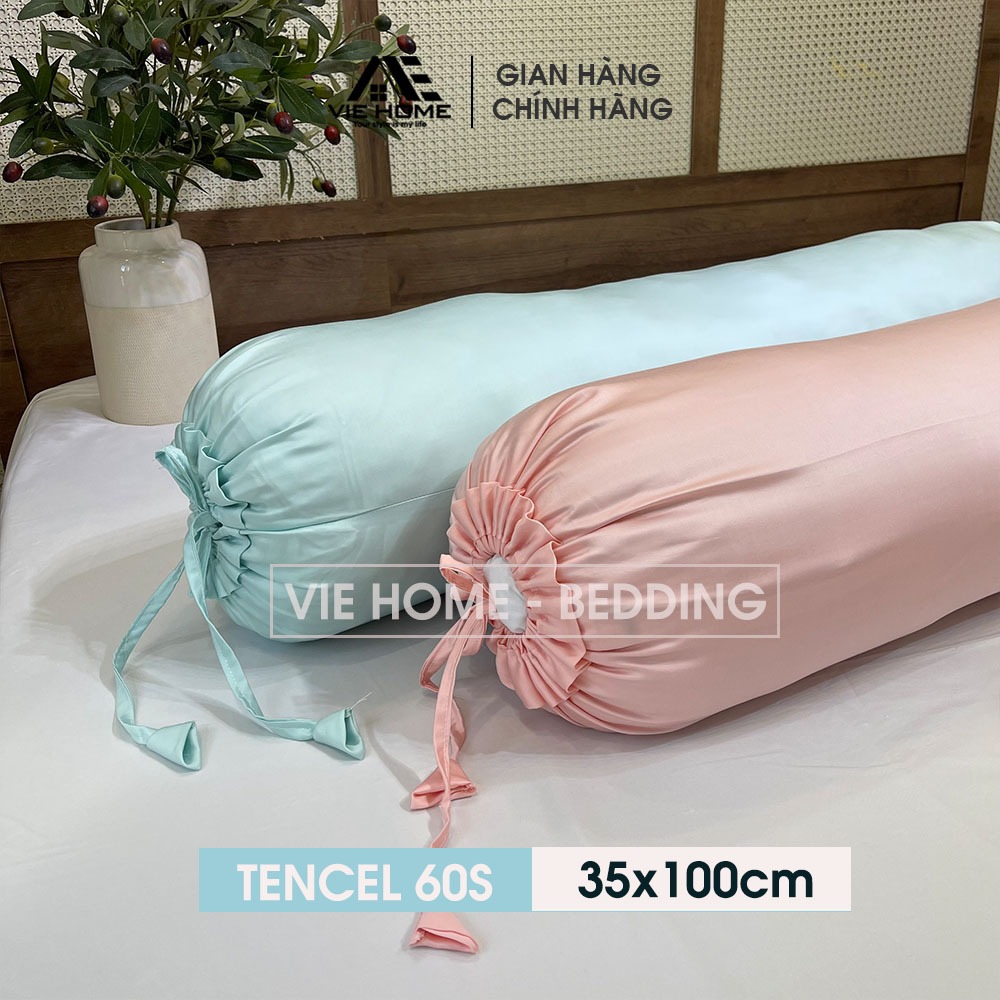 Vỏ gối ôm lụa Tencel 60s VIE HOME - Bedding, hàng đẹp kích thước 35x100cm trơn màu cao cấp thắt nơ 2 đầu