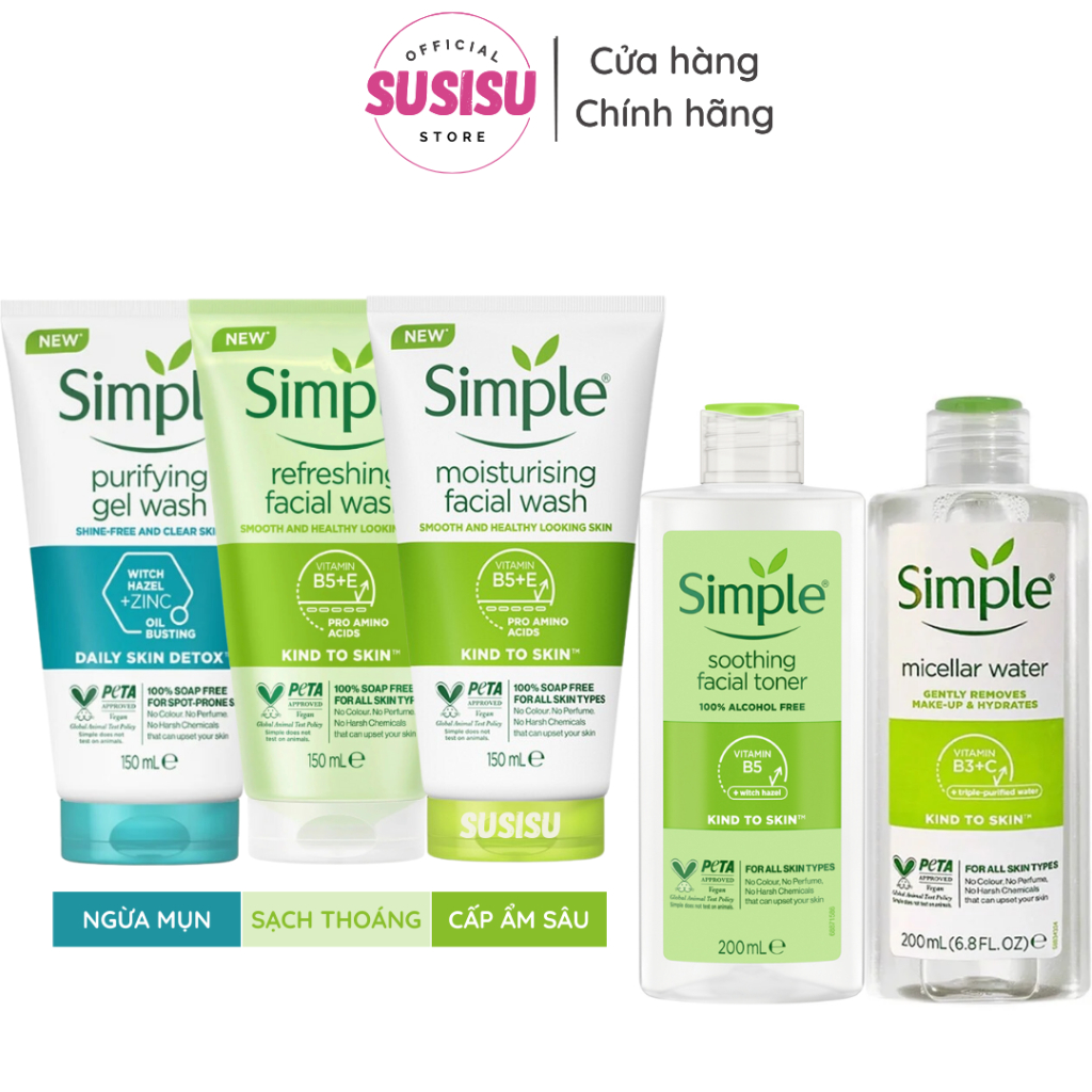 Sữa rửa mặt Simple 150ml |Tẩy Trang Simple 200ml/400ml|Nước hoa hồng Simple 200ml /SRM simple detox, dưỡng ẩm, lành tính