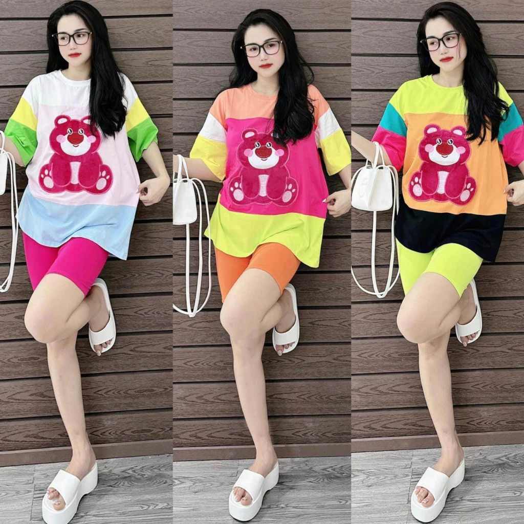 Đồ bộ nữ, set đồ bộ ngố quần lửng lưng cao có túi kèm áo ngắn tay form rộng thêu gấu dâu, bộ đồ ngố mặc nhà nữ