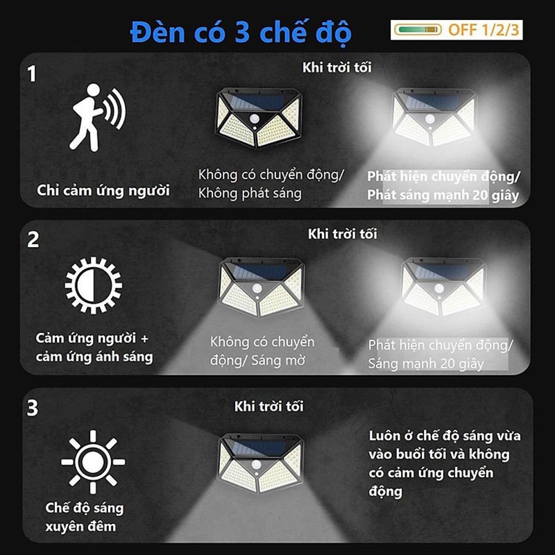 Đèn tích điện siêu sáng 3 chế độ sáng cảm biến, Đèn cảm biến thông minh năng lượng mặt trời chống nước tiện lợi