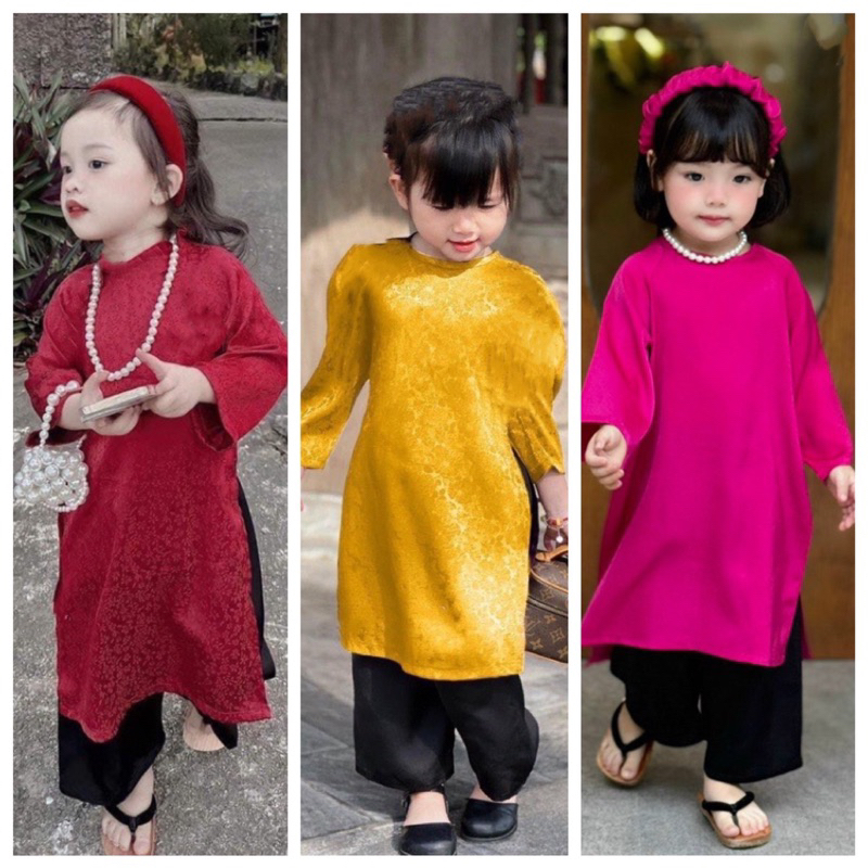 Áo dài gấm quần đen cho bé gái