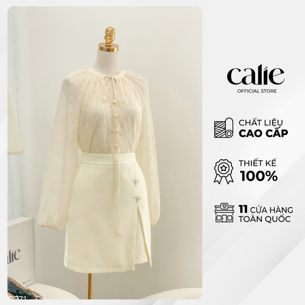 Áo sơ mi nữ tay dài bo chun cổ tàu phối nơ nữ tính CALIE AS271
