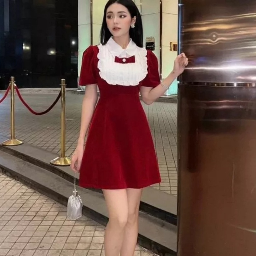 Váy Nhung Cổ Sơ Mi Xếp Ly Ngực Viền Bèo Kèm Nơ Phong Cách Tiểu Thư, Labibi