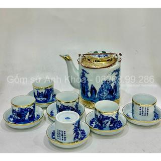 Bộ ấm chén bát tràng ấm men lam bọc đồng, bình trà ấm pha trà gốm sứ bát tràng bộ ấm tích 1.5 lít gốm sứ bát tràng