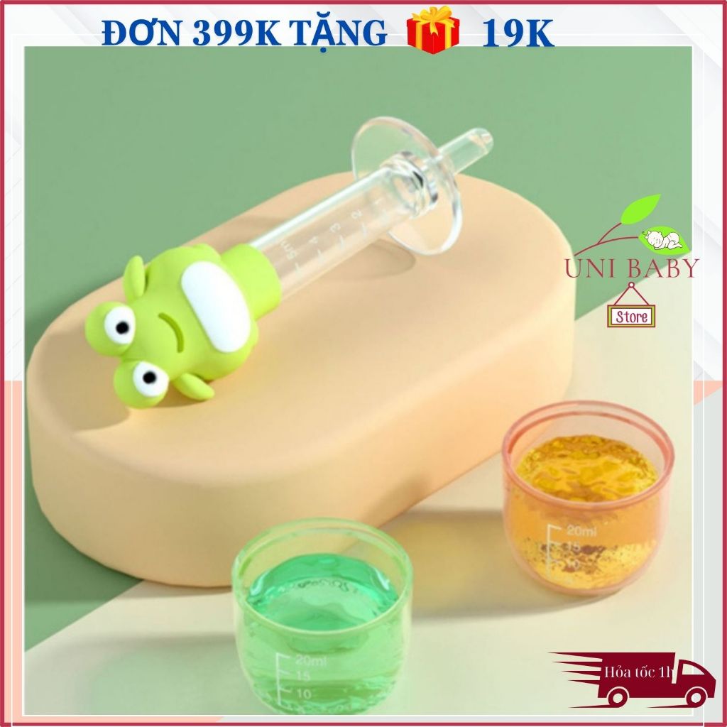 Dụng cụ bón cho bé uống thuốc hình ếch chống sặc, có đầu silicon mềm mại, tặng kèm hộp đựng và cọ ống