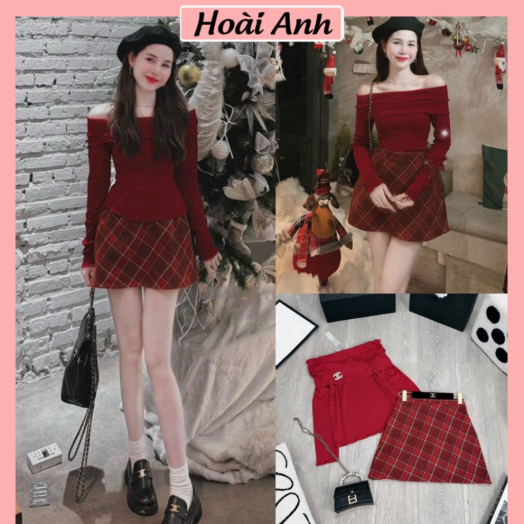 Set Bộ Đồ Nữ Áo Tăm Đỏ Trễ Vai Dài Tay Kèm Tag Mix Chân Váy Dạ Caro Đỏ Chữ A Freesize Diện Noel Tết