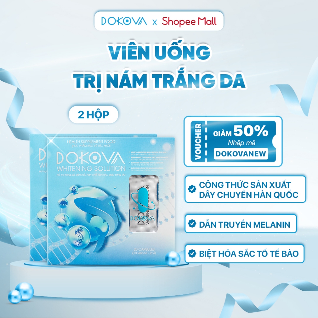 COMBO 2 Hộp Viên Uống Trắng Da Mờ Nám DOKOVA WHITENING SOLUTION Công Nghệ Hàn Quốc Tái Tạo Một Làn Da Khỏe Đẹp - 40 viên