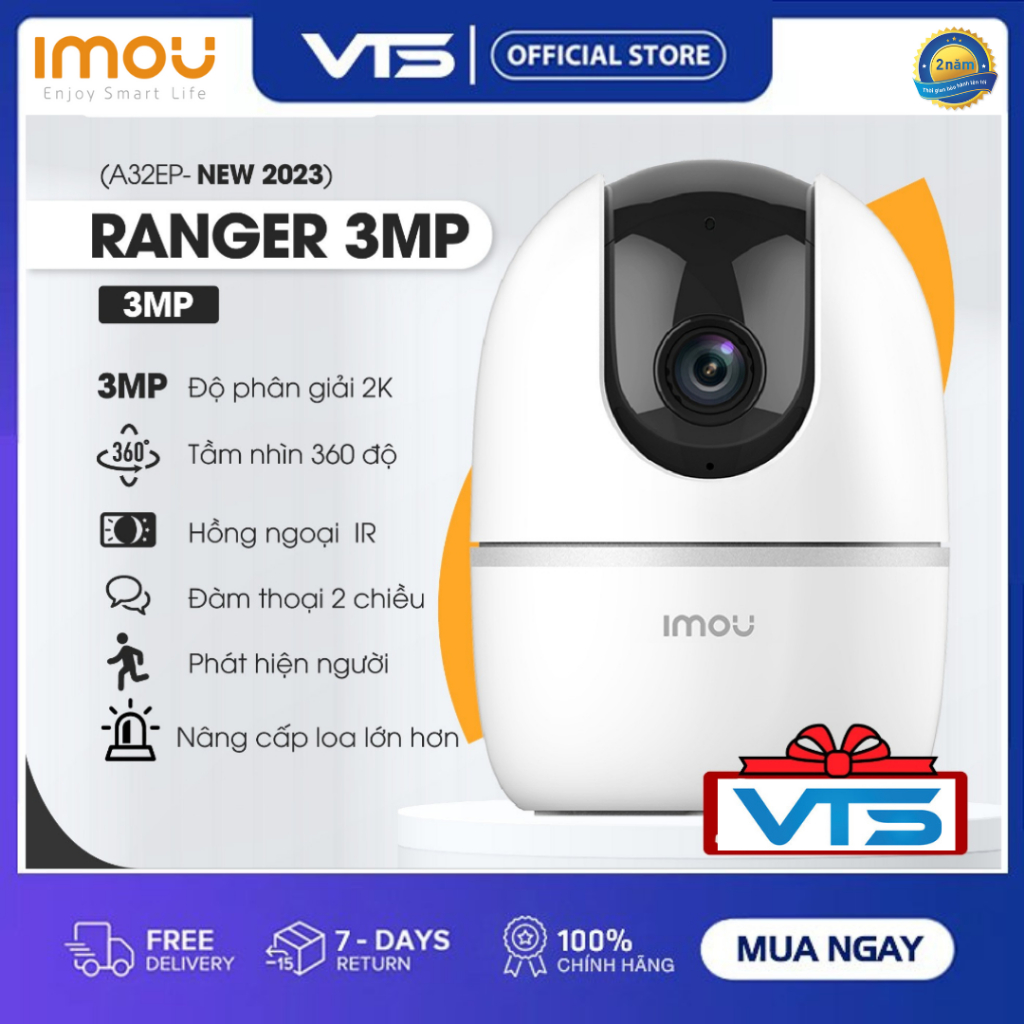 Camera IP Wifi IMOU RANGER 2 A32EP 3MP 2K,Trong Nhà, Xoay 360 Độ, Đàm Thoại 2 Chiều, AI Thông Minh, 