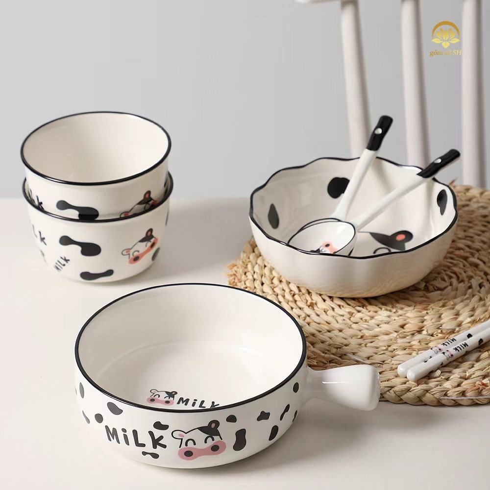 Bộ chén sứ, đĩa, thố, tô, ly ,bộ dụng cụ ăn cơm gia đình họa tiết bò sữa siêu đáng yêu - Gốm sứ Shunhui