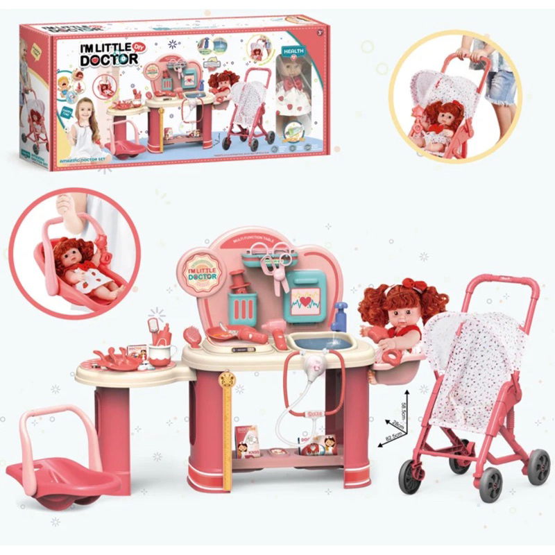 Đồ chơi bác sĩ - set chăm sóc em bé kèm phụ kiện xe đẩy và nôi xách tay em bé