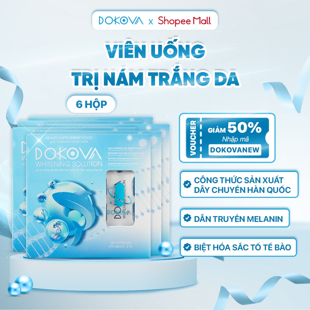 COMBO 6 Hộp Viên Uống Trắng Da Mờ Nám DOKOVA WHITENING SOLUTION Công Nghệ Hàn Quốc Tái Tạo Làn Da Khỏe Đẹp - 120 viên