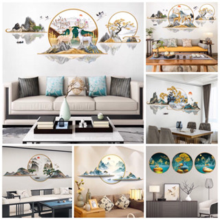  Decal tranh nghệ thuật sơn thuỷ khung tròn trang trí phòng khách 