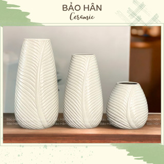 Bộ 3 bình hoa decor hoạ tiết lá gốm sứ bát tràng