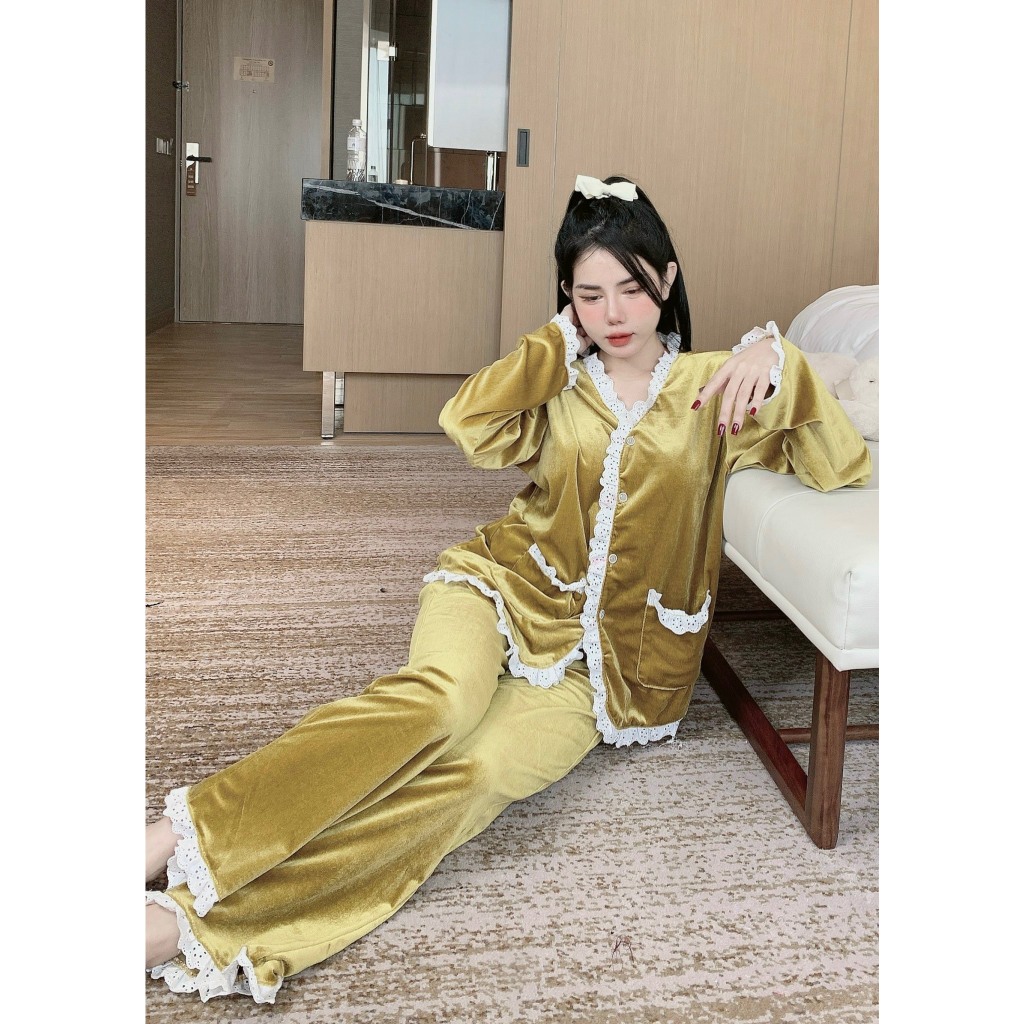 PYJAMA NỮ NHUNG REN VIỀN TRẮNG CỔ V - đồ bộ mặc nhà